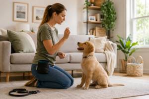 Beginner dog training at home with positive reinforcement