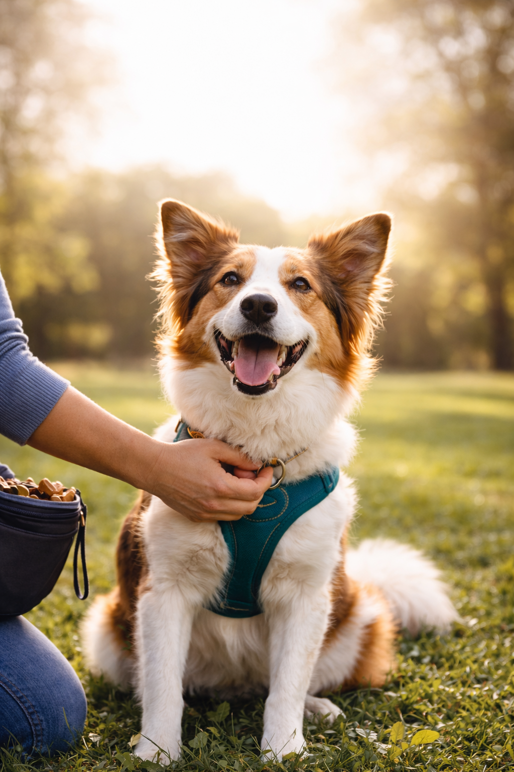 Happy dog wearing a teal harness sitting in a sunlit park while a trainer offers a treat to build confidence