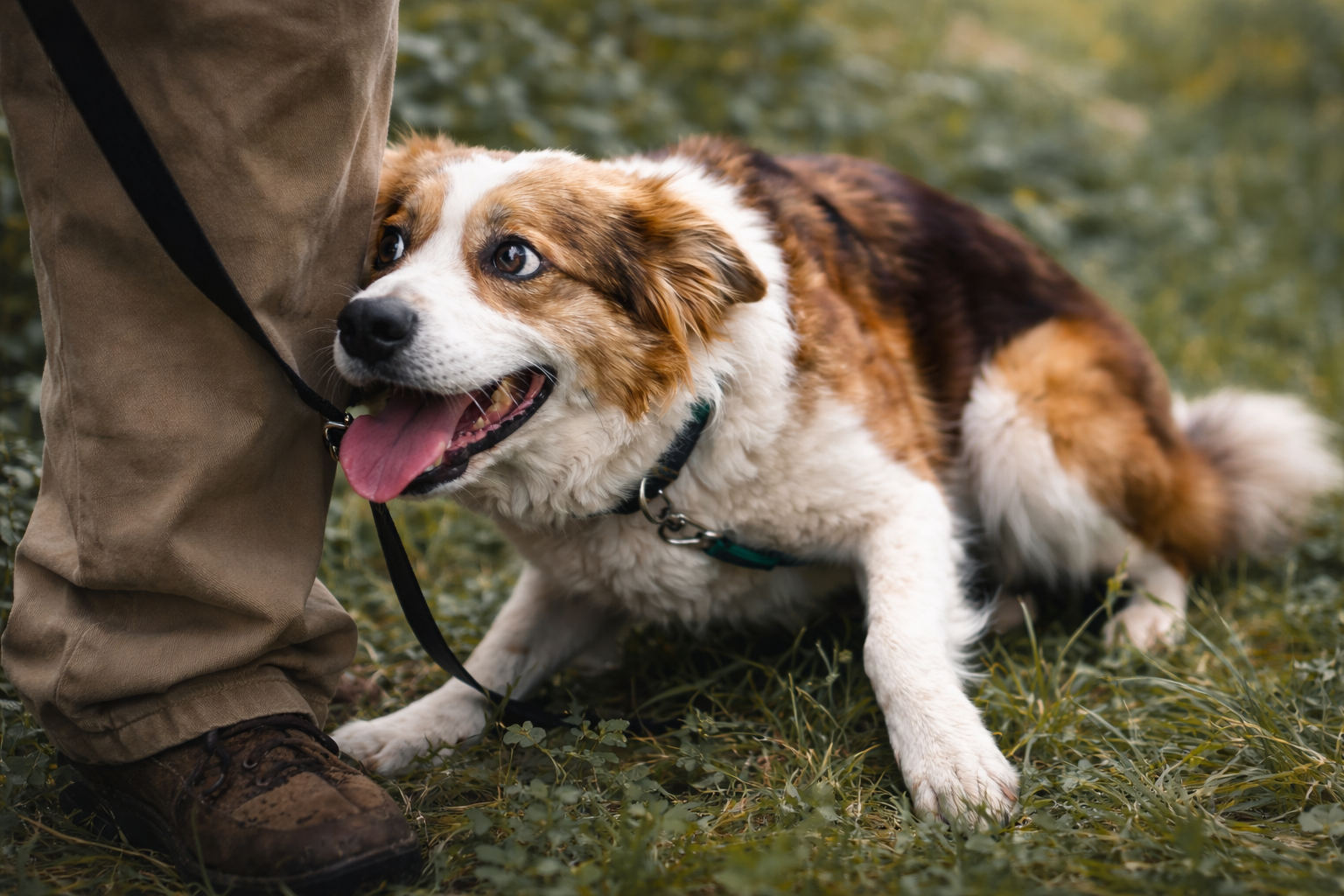Border Collie mix in distress outdoors. dog panic attack