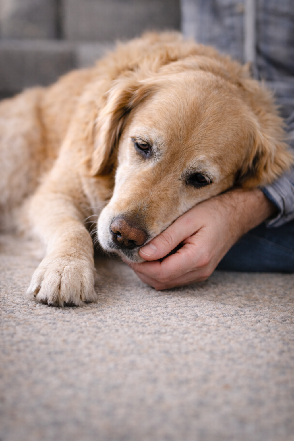 Golden retriever lying on a beige carpet while its owner gently supports its paw, showing subtle signs of discomfort. arvin dog trainer. arvin k9 team.