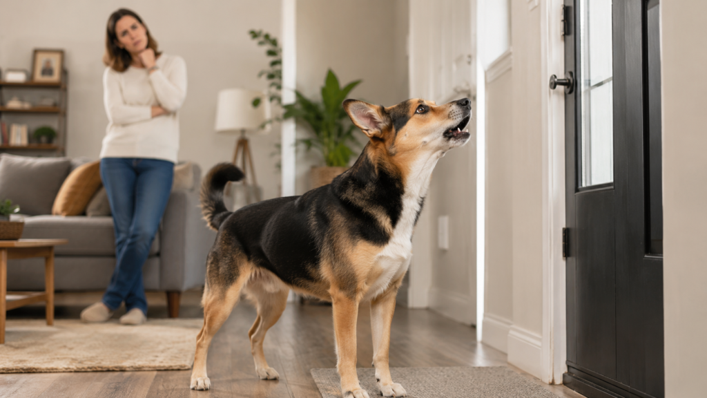 Alert dog looking out the window while its owner calmly observes nearby
