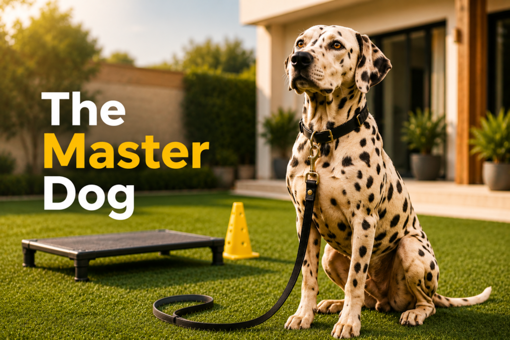 Dog practicing obedience and focus during home training