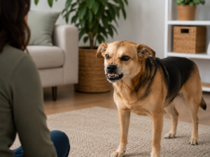 Dog growling as a warning while its owner calmly gives it space