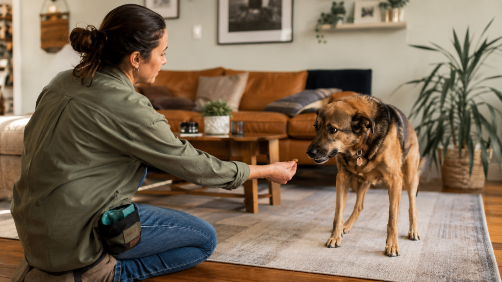 Dog trainer calmly helping a nervous growling dog with positive reinforcement