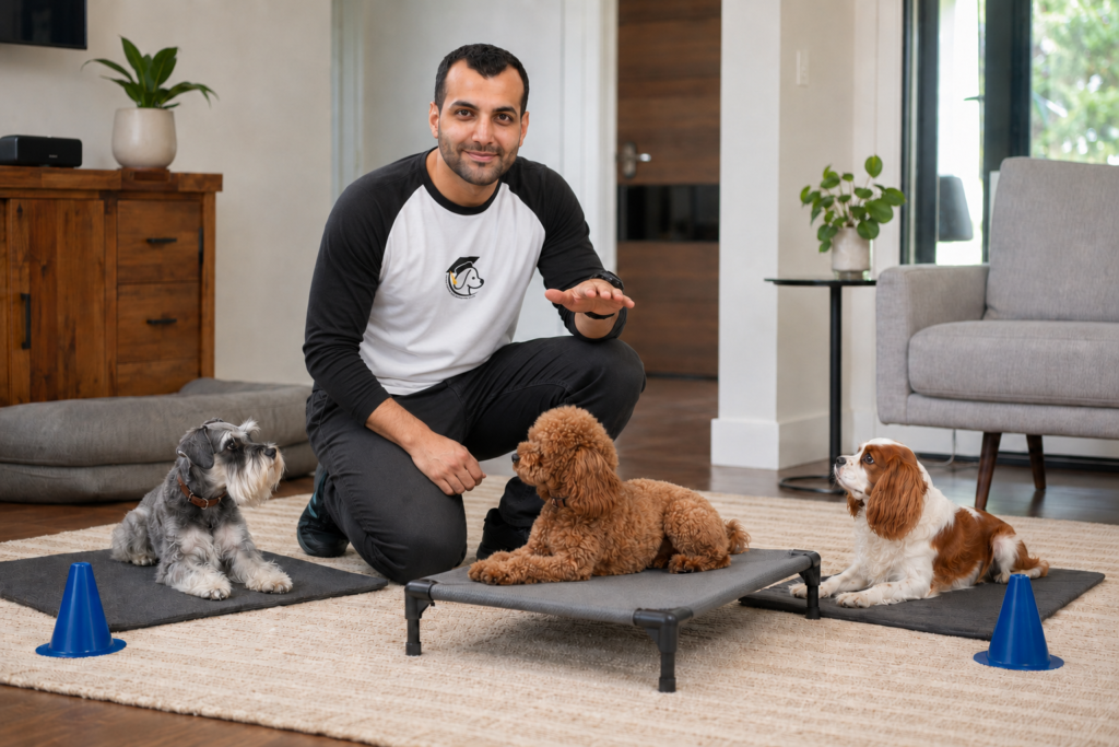 Dog practicing learned behaviors with calm owner guidance