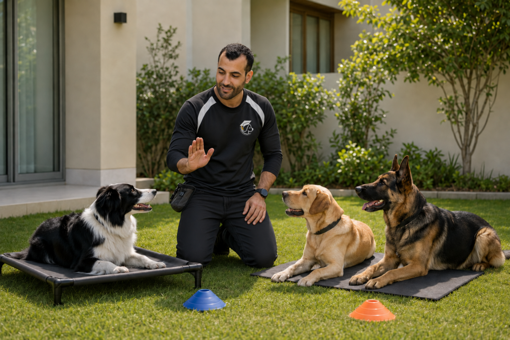 Dog practicing learned behaviors with calm owner guidance