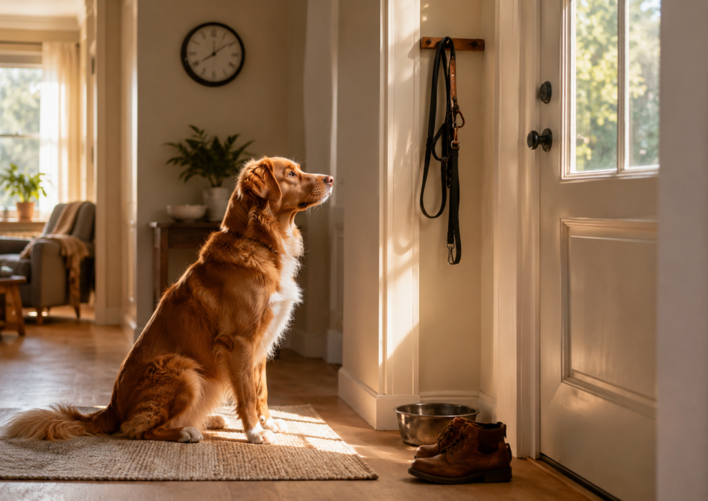 Dog sitting by the front door under a wall clock, waiting for its owner and illustrating a dog’s sense of time and daily routine.