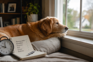 Golden Retriever resting by a window beside a clock and a daily routine checklist