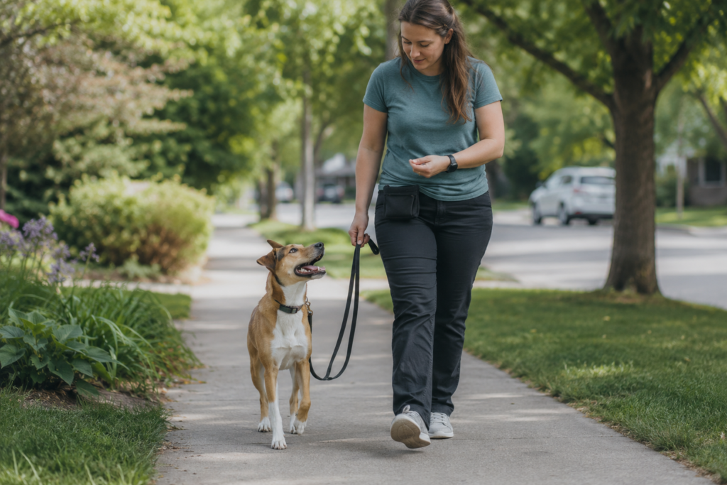 Outdoor dog training in Dubai with calm leash walking practice