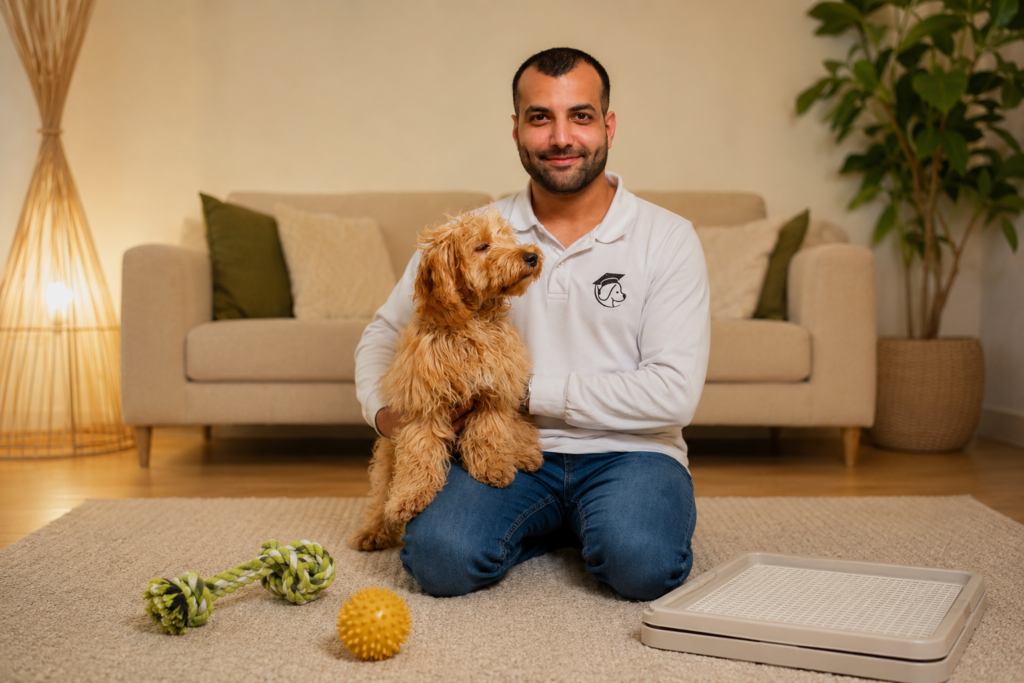 Puppy training session at home in Dubai