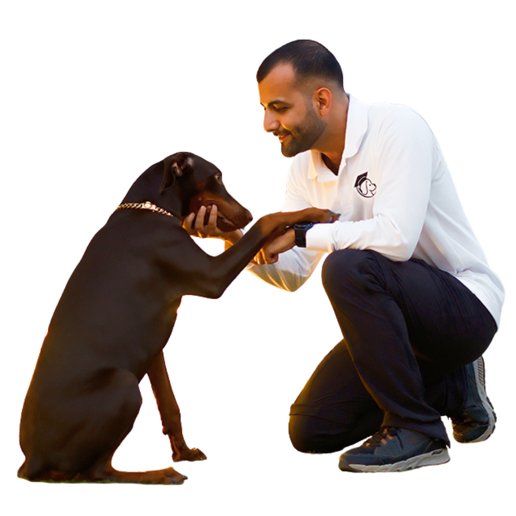 Professional dog trainer bonding with a Doberman during an outdoor session in Dubai
