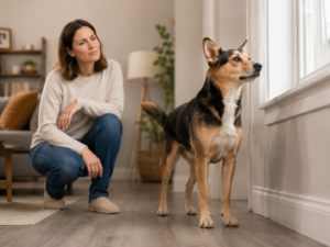 Dog barking toward the front door while its owner watches with a confused expression