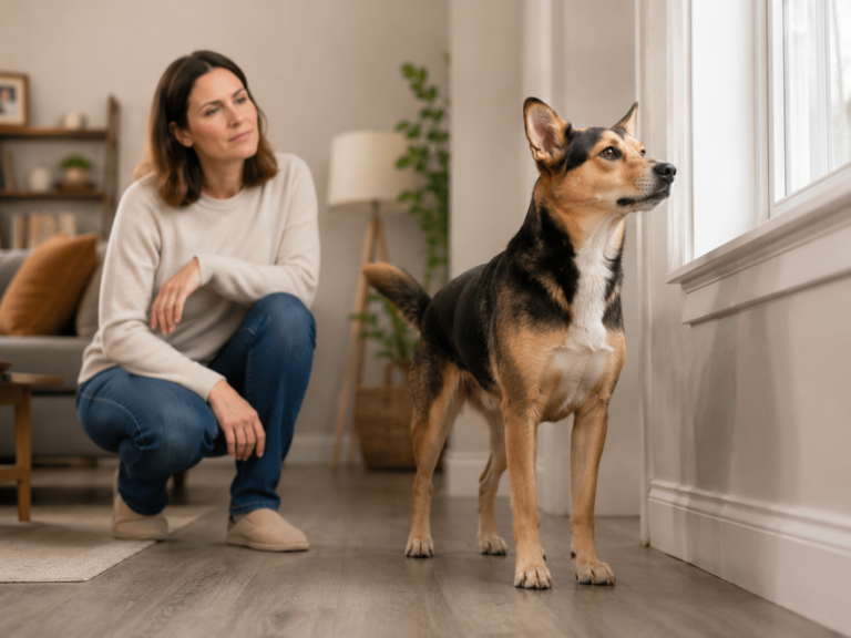 Dog barking toward the front door while its owner watches with a confused expression