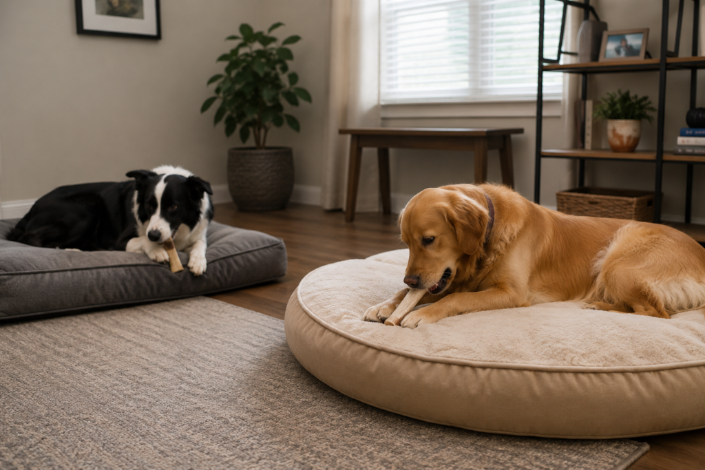 Two dogs relaxing separately on their own beds with chews in a calm shared home environment
