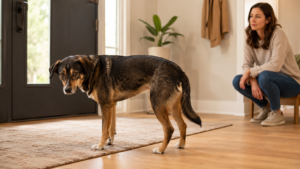 Dog standing with its tail lowered while its owner watches from nearby.