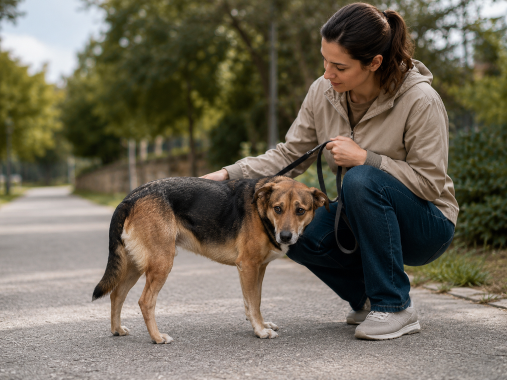 Dog standing outdoors with its tail lowered while its owner calmly offers reassurance