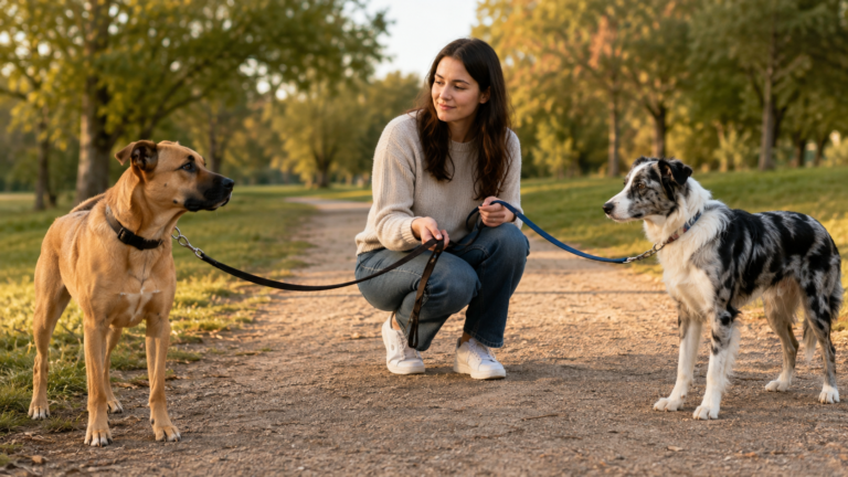 Woman calmly introducing two dogs on leashes during a controlled first meeting in a park